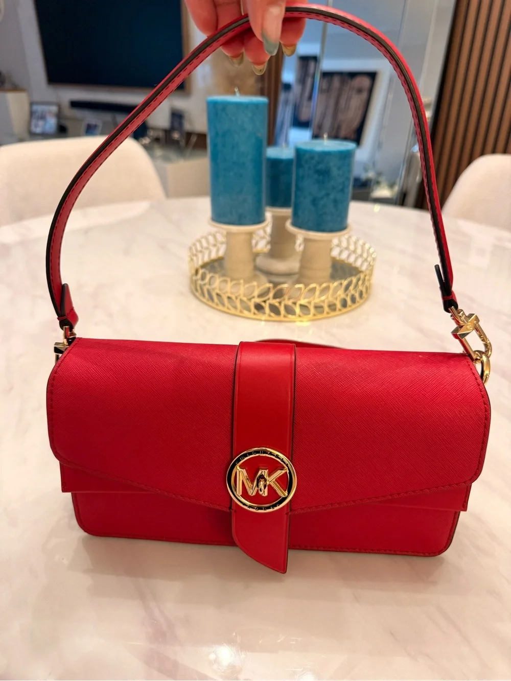 Michael Kors Red Saffiano Leather Crossbody with Gold MK Emblem